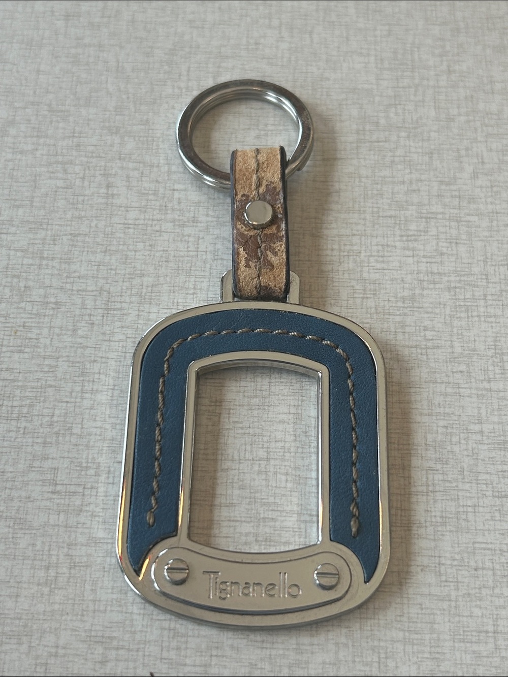 Tignanello Blue Leather and Brown Strap Metal Key Fob